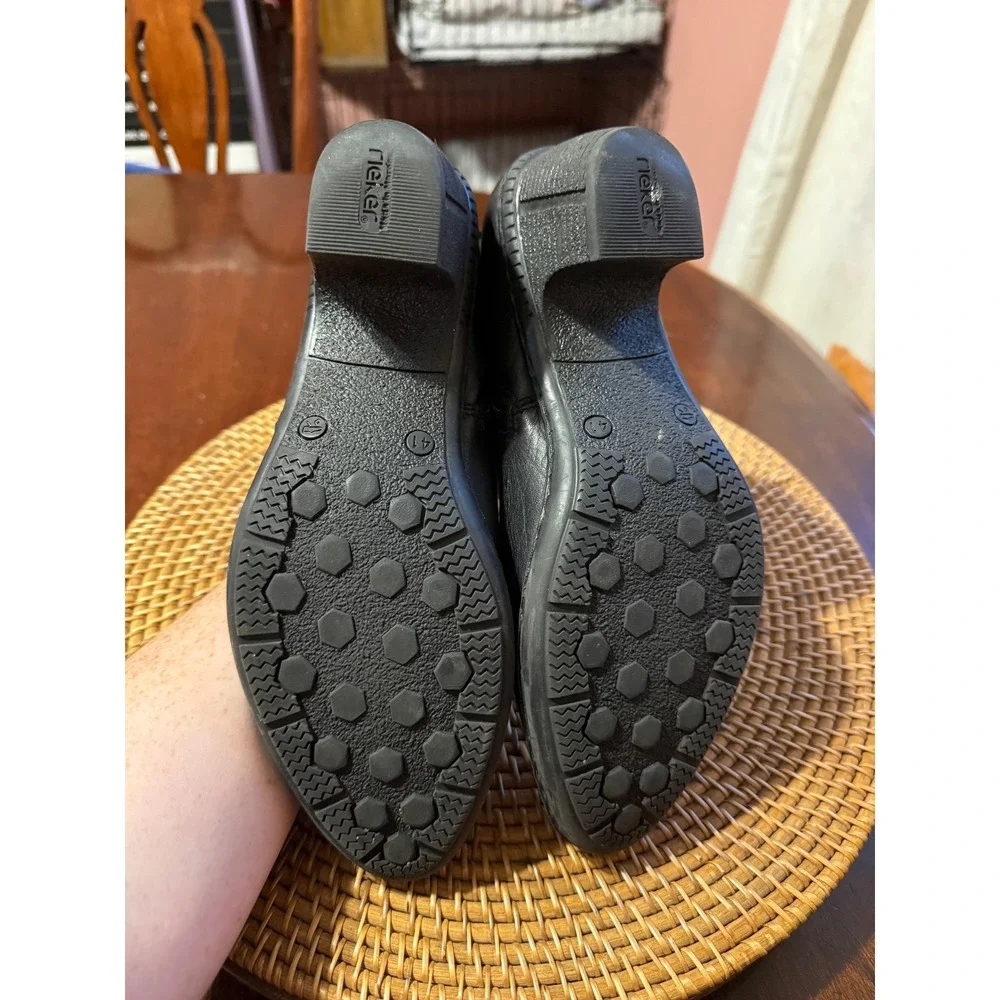 Rieker Antistress Black Leather Moc Toe Ankle Boots Side Zip Block Heel Size 41